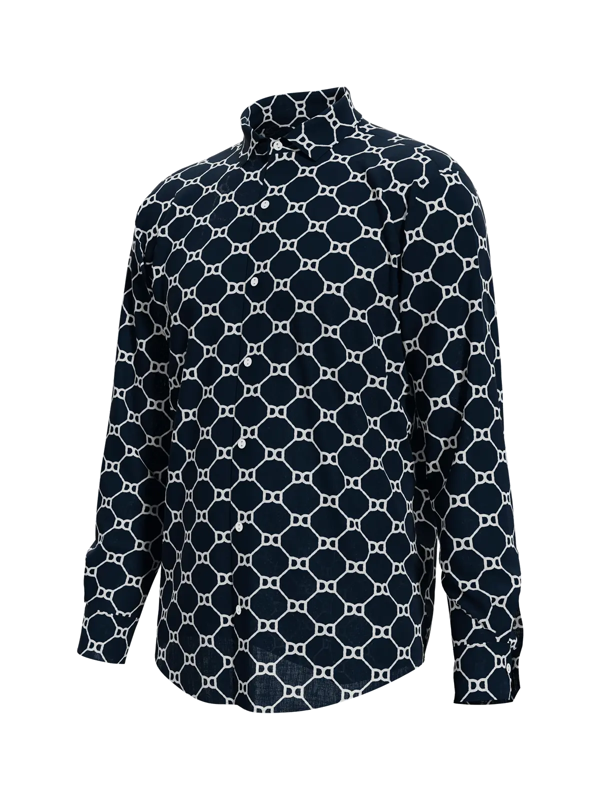 Midnight Monochrome Hemp Men's Shirt with white geometric pattern and button-down collar.