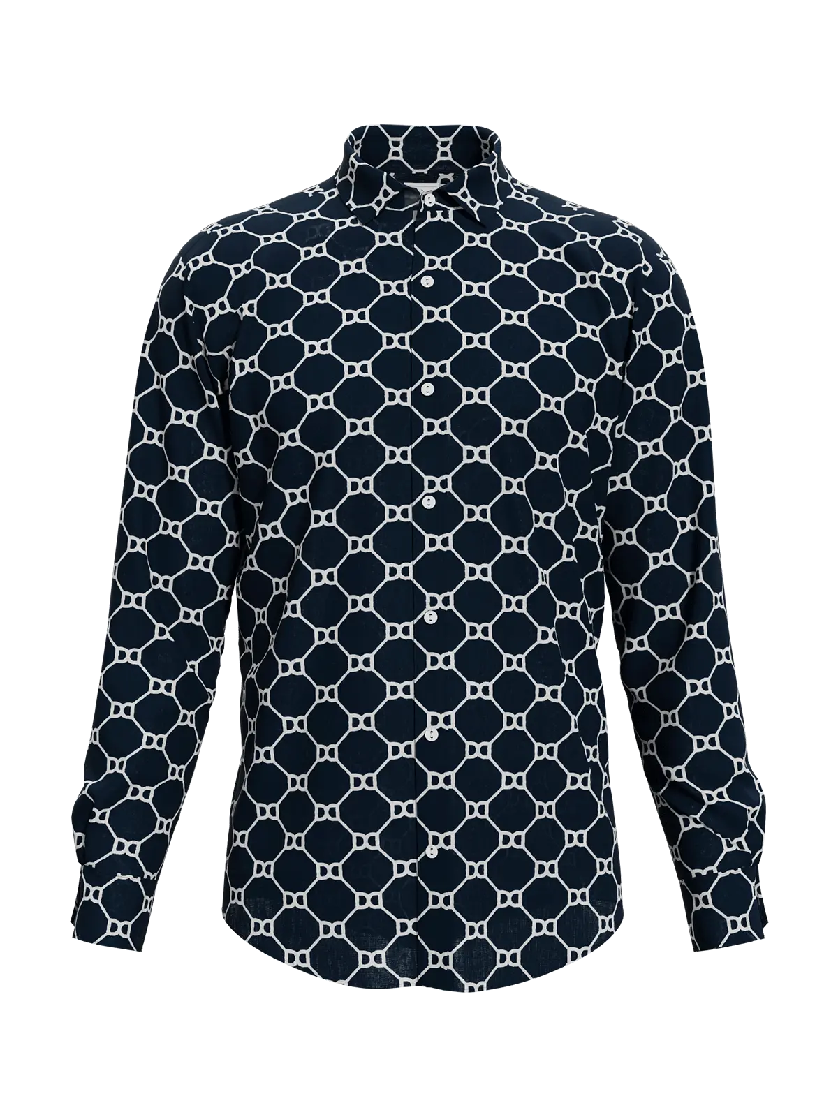 Midnight Monochrome Hemp Men's Shirt with intricate white pattern on deep midnight fabric.