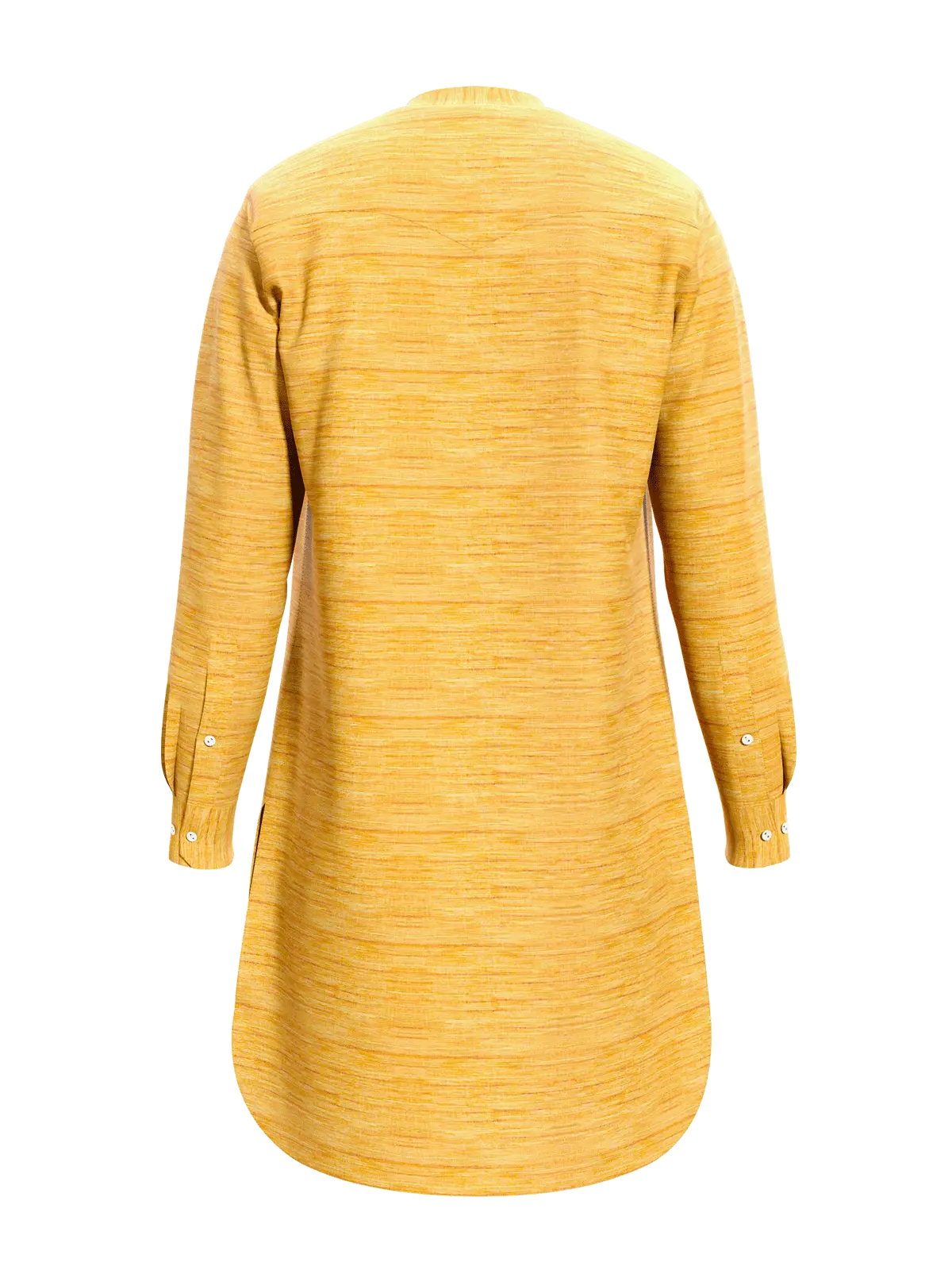 Yellow long-sleeve shirt made from Resonance Blend fabric, showcasing eco-friendly design and versatility.