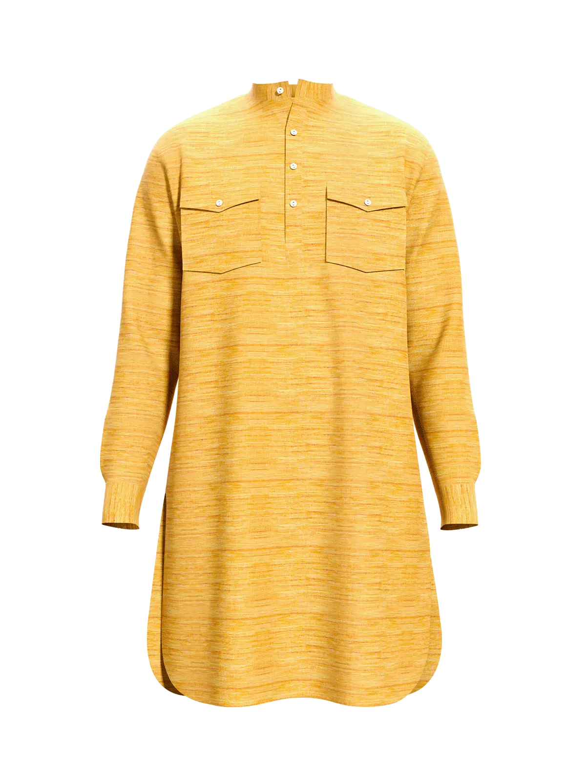 Eco-friendly yellow tunic made from Resonance Blend fabric (67% cotton, 33% polyester) with button details.