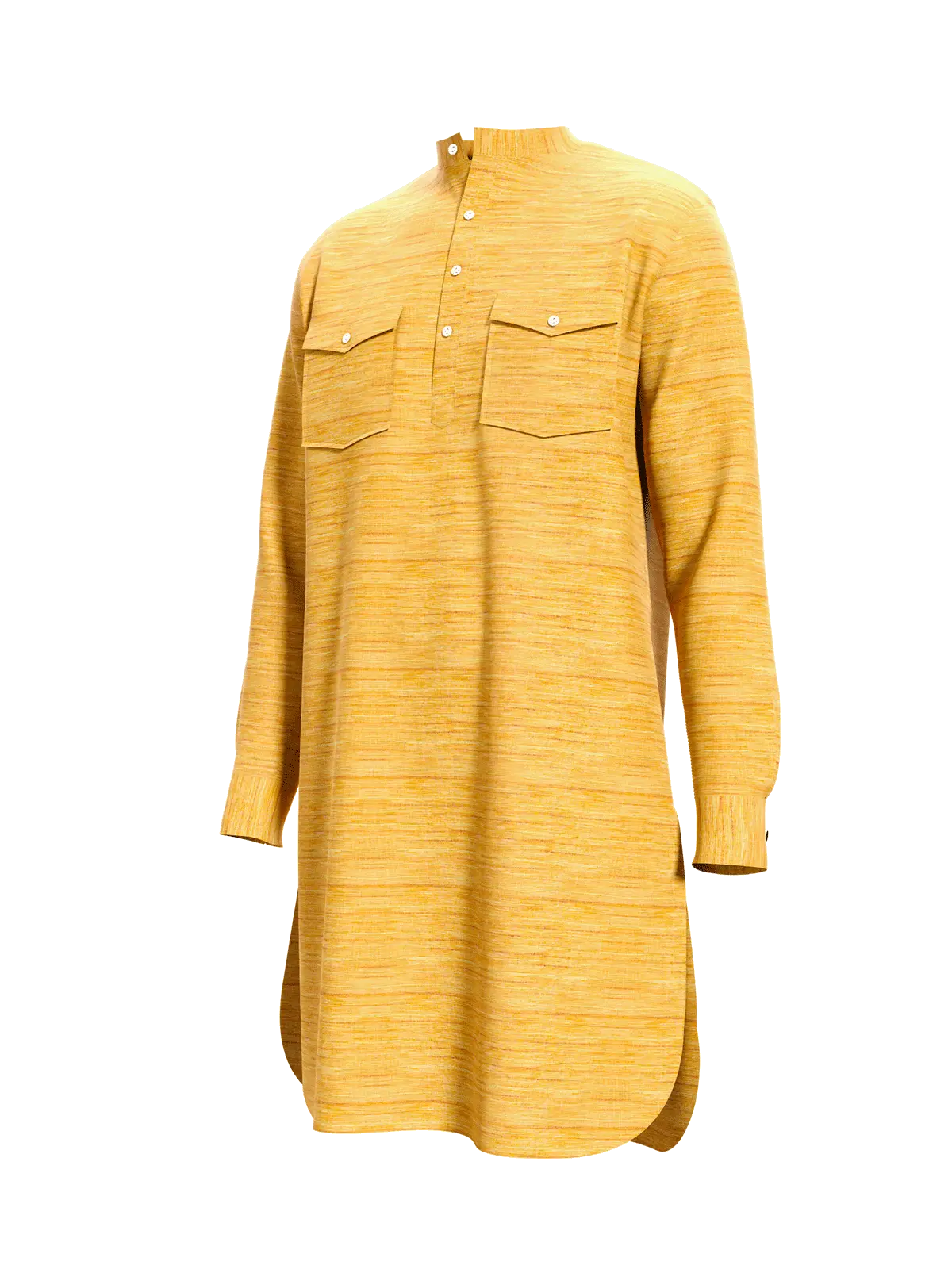 Resonance Blend cotton polyester shirt in yellow with button details and front pockets.